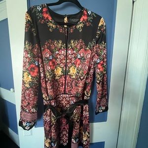 Laundry NWOT Black Floral Multi Knee-Length Dress Drop Waist Belt Faux Silk 14